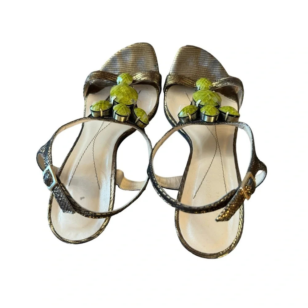 *Women’s Kate Spade Size 8 Lydia Bronze Metal Mini Lizard w Green Stones Sandals - Picture 12 of 14